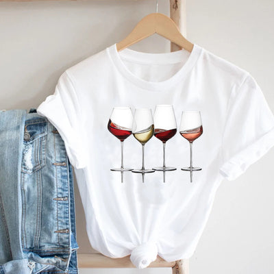 Women Printing Clothing Wine Lady Short Sleeve Casual